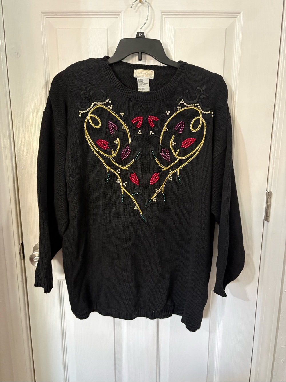 Black Embellished Crewneck Sweater with Gold and Multicolor Accents